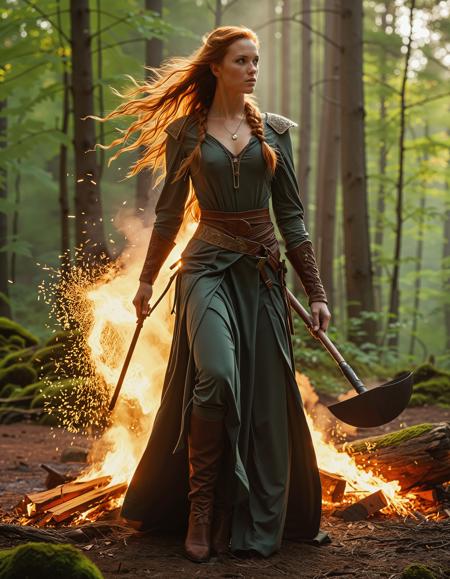 freyja, auburn hair, braided hair, magic, forest, mythic beauty, <lora:NBN-Freyja_NordicByNature:0.8>, ,The Forge Mistress, A skilled Viking blacksmith hammering molten metal, sparks flying as she crafts weapons for her fellow warriors.,high quality, film grain, Fujifilm XT3, 8k uhd, dslr, film grain, kodak tri-x 400 film, grain photo DOF, faint lighting, dynamic angle, cinematic, Depth of field, bokeh, best quality, cinematic, light particles, highly_detailed, very_aesthetic, golden hour, beautiful_and_aesthetic clear focus, high resolution image, ,Sexy pose, erotic pose, exhibitionism, ,ancient ruins
