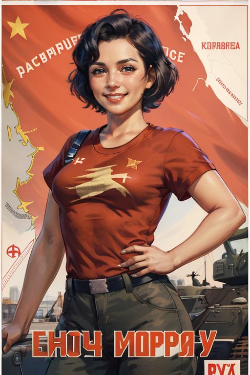 A cartoon woman in a red shirt and military uniform is standing in front of a tank.