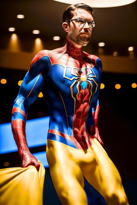 ((best quality)), ((masterpiece)), ((realistic)), Jimmie in a (blue and yellow spider-man cosplay:1.3) wearing glasses on stage infront of the press,   face visible, adult,   stoic look, confident stance,  (Oil panting:1.2) , vivid colors,  (portrait composition:1.3), (high-resolution:1.2) , solo portrait,
HDR, ultrares, hyper detailed, two tone lighting, volumetric lighting,   <lora:spiderwoman_cosplay_outfit:0.4>   full body pose   swedish flag in background <lora:last:1.0>, face revealed, (human face:1.2)