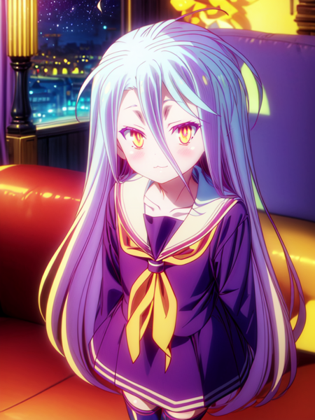 anime style,anime coloring,1girl,long hair,1girl,solo,school uniform,looking at viewer,serafuku,blue hair,very long hair,crown,blush,thighhighs,hair between eyes,yellow eyes,skirt,red eyes,neckerchief,sitting,shirt,sailor collar,long sleeves,closed mouth,black thighhighs,purple hair,yellow neckerchief,orange eyes,white sailor collar,simple background,blue thighhighs,zettai ryouiki,purple shirt,collarbone,purple skirt,smile,brown eyes,full body,standing,Starry City Background
