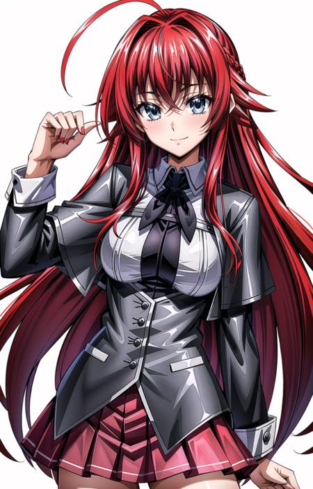 (masterpiece, top quality, best quality, official art, beautiful and aesthetic:1.2),(8k, best quality, masterpiece:1.2), 1girl, mature girl, solo, Rias_Gremory, Rias, (looking at viewer, cowboy shot, standing:1), (crimson red hair, red hair, red colored hair, flowing hair, red long hair, long ahoge:1.2), (blue eyes, light blue shining eyes:1.3), [smile, closed mouth:1.2], [large breasts, sexy:1], (Rias School, school uniform, red pleated skirt, white shirt, black jacket:1.15), <lora:more_details:.4>, <lora:RiasLora:.7>