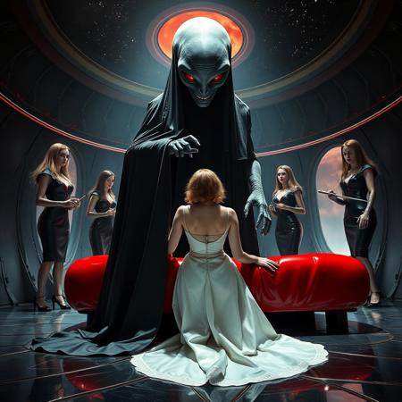 high-society elegant slender norvegian rich innocent young bride  kneeling  whorish red glossy bed from behind. She is ensnared by a towering, gray human-like alien, draped in a long, glossy black cloak, its eyes gleaming red with an otherworldly intensity.  its hands touching her head making  obey. Encased in light beam from the alien breeding chamber celling. Surrounded by strict ladies wearing  glossy satin dominatrix attire and glossy high heels,  holding whips.   weird wet-look black slime  walls and floor, colossus observation blister to outer space full of stars, bright red moon, vintage-inspired makeup, long hairs, ultra thin waist, evil grin, porcelain skin, lipstick, red nails, in the style of a haunting, retro-futuristic 1950s sci-fi nightmare, horror, alien space base,,