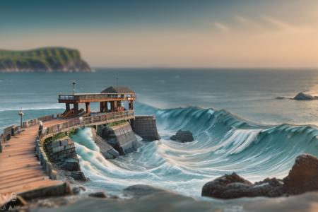 professional photograph of a (tidal wave), rocks, pier, boats<lora:tilt-shift:1>  <lora:waves:0.2>