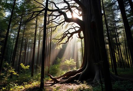 A photograph of a tree in the forest. The tree stands out, a verry old giant bunzai like tree in a young forest. Magical, ray of light, lush forest.
