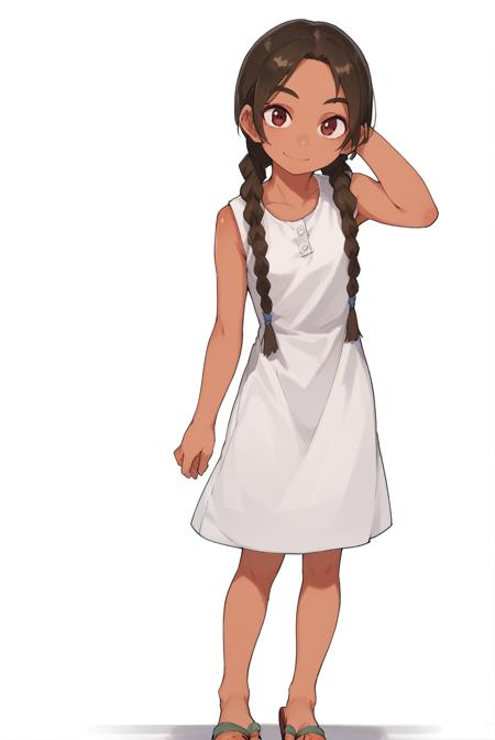 Asahinaarumi, tan, tan skin White dress, sandals