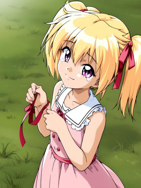 <lora:Ijuin_Mei:1>,  IjuinMei, 1girl, blonde hair, twintails, shirt grab, clothes grab, dress, ribbon, grass, child, solo focus, solo, tears, purple eyes, short twintails, pink eyes, smile,
masterpiece, high quality, very_high_resolution, large_filesize, full color,