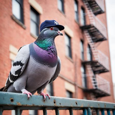 a pigeon wearing yankees cap, standing on a , fire escape, vivid colors,