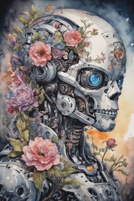necropunk mecha, romanticism watercolor painting, dreamy,floral,highly detailed