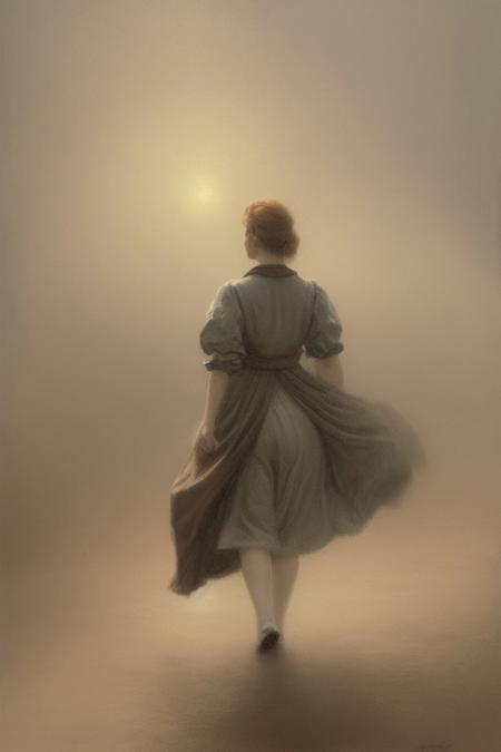A dynamic painting in soft pastel colors depicting figures in motion through a thick fog, evocative of the Dutch Golden Age style.  The painting features soft brushwork, blurred lines, and action poses, creating a gentle and soothing atmosphere.