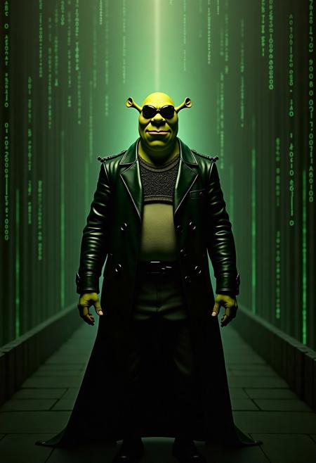 Movie Poster, Shrek in the Matrix, symmetrical, maximalist, realistic skin texture, accurate, refined, defined, highly detailed, follow negative prompts,