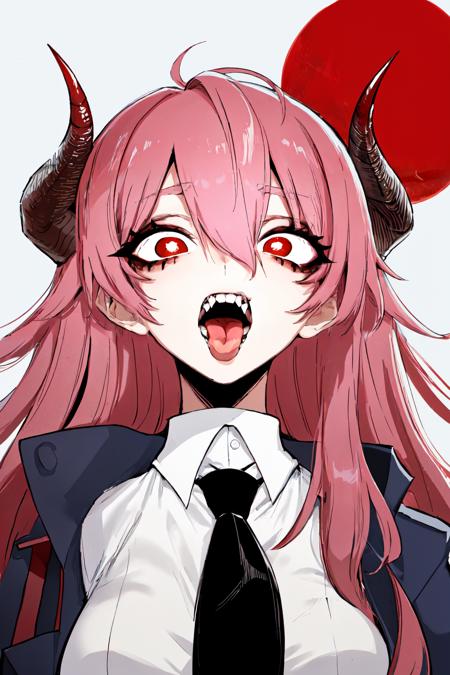 jk style, necktie, collared shirt, red eyes, simple background, sharp teeth, open mouth, jacket, upper body, horns, cross-shaped pupils, long hair, tongue, black necktie, looking at viewer, red horns, demon horns, 1girl, shirt, teeth, pink hair, white shirt, solo, hair between eyes, symbol-shaped pupils, tongue out, blue jacket<lora:jk_style:1.0>