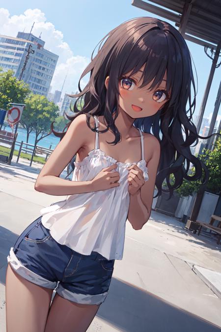 1 girl, best quality, ultra detailed, (round eyes:1.3), (happy:1.4), :d,
small breast,(dark skin:1.5), 
black hair,long hair, (wavy hair:1.4),
from front, cowboy shot,
camisole, shorts, 
new york