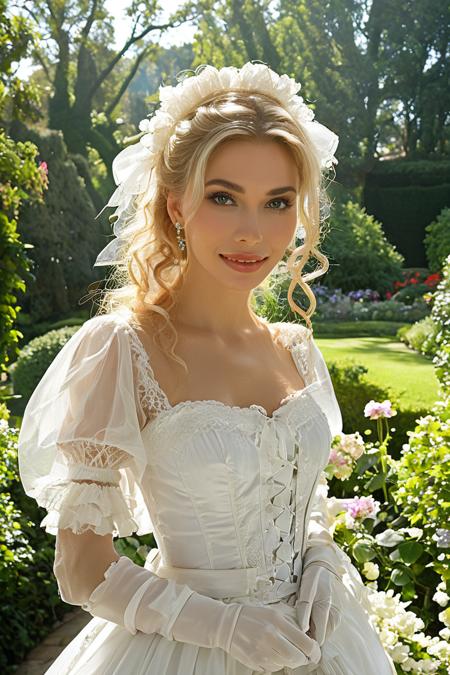 (HD, masterpiece, best quality, hyper detailed, ultra detailed, super realistic),Subject Description  A beautiful 20-year-old supermodel with an angelic face and playful charm poses in a romantic garden setting. Her innocent yet coy smile captivates the viewer as she strikes an alluring side pose.  Attire  She dons a luxurious French maid outfit that combines elegance and sexiness in black and white. The ensemble features intricate lace details and a delicate apron, complemented by a stylish belt and thigh-high stockings that accentuate her figure.  Background  The scene unfolds in an enchanting garden filled with colorful flowers and lush greenery, with a charming gazebo or fountain in the background. The vibrant colors and tranquil atmosphere contribute to the elegance of the setting.  Lighting and Photography Details  Bright, natural daylight fills the scene, casting soft shadows that enhance the modelâs features. The photograph captures her in a playful, teasing pose while kneeling, allowing a clear view of her outfitâs details and the surrounding beauty of the garden. The high-resolution image presents vibrant colors and sharp details, creating a luscious and inviting visual., SDXL Perfect_Eyes, SDXL super_beauty_face SDXL Lightning, SDXL.lyco neg4all_bdsqlsz_xl_V91, SDXL.lyco EnvyDramaticLightingXL02_photo<lora:SDXL Perfect_Eyes.safetensors:0.5:0.5> <lora:SDXL super_beauty_face SDXL Lightning.safetensors:0.7000000000000001:0.7000000000000001> <lora:SDXL.lyco neg4all_bdsqlsz_xl_V91.safetensors:0.7000000000000001:0.7000000000000001> <lora:SDXL.lyco EnvyDramaticLightingXL02_photo.safetensors:0.7000000000000001:0.7000000000000001>