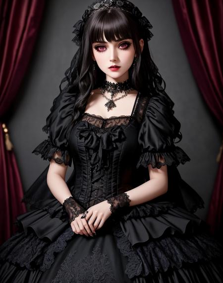 Masterpiece, absurdres,HDR ,highly detailed eyes and face,GothGal, a woman in a black ballgown posing for a picture, frills, lace ,short sleeves, choker, lace gloves,necklace, woman wearing a GothGal outfit, wearing a ballgown,  <lora:ballgownGoth:0.7>