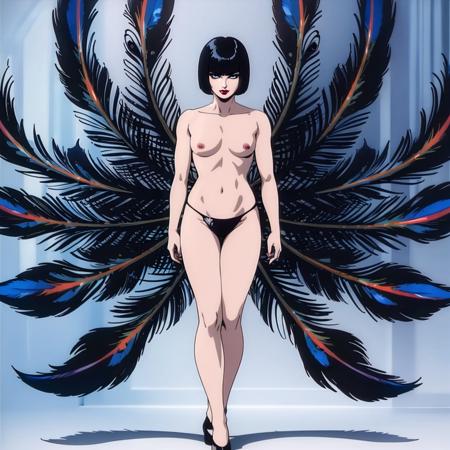 Peacock,1girl,black hair,bob_cut,black eyes,red_lips_, shirtless,black panties,peacock feathers, spread arms,smirk,