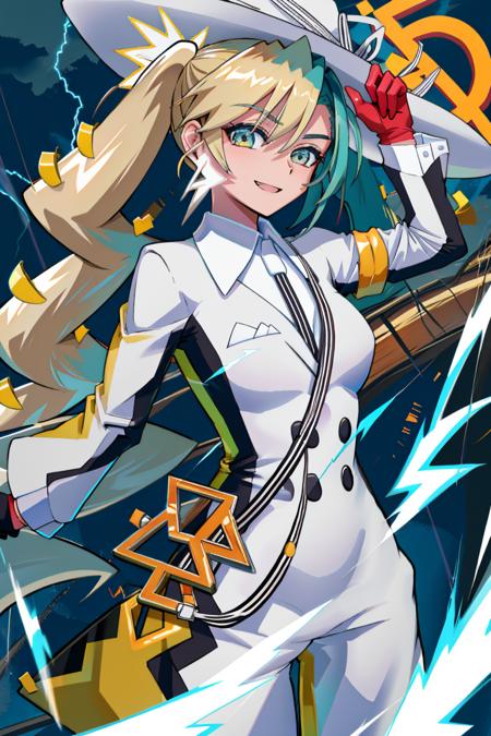 (masterpiece, best quality, highres, ultra detailed:1.2), (solo, 1girl, cowboy shot), denkimiku, gloves, twintails, hat, long sleeves, glasses, green hair, blonde hair, shirt, green eyes, pants, lightning earrings, BREAK, smile, (dynamic pose, nighttime, clouds, dark clouds, dark, lightning, storm, electricity)