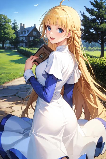 masterpiece, best quality,1girl, blue eyes, (cowboy shot, holding a book, closeup:1.5), parted lips, lips, outdoors, trees, green grassy fields, blue sky, medieval village, <lora:TalesWeaver_TichielJuspian_v1-000168:0.9:lbw=MIDD>, blonde hair, blunt bangs, ahoge, twin braids, (very long hair:1.5), (white dress:1.4), blue sleeves,white cuffs, long sleeves, short over long sleeves, blue bow, (pov, from above, straight-on:1.2), (head down:1.2), sparkles, magic, glow, (birds:1.5), smiling, (from behind, back, looking back at viewer:1.5), open mouth