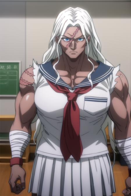 sakuraoogami, <lora:sakura oogami s1-lora-nochekaiser:1>,
sakura oogami, long hair, white hair, dark skin, dark-skinned female, muscular, scar, muscular female,
BREAK shirt, school uniform, serafuku, sailor collar, bandages, blue sailor collar, bandaged arm,
BREAK indoors, classroom,
BREAK looking at viewer, (cowboy shot:1.5),
BREAK <lyco:GoodHands-beta2:1>, (masterpiece:1.2), best quality, high resolution, unity 8k wallpaper, (illustration:0.8), (beautiful detailed eyes:1.6), extremely detailed face, perfect lighting, extremely detailed CG, (perfect hands, perfect anatomy),