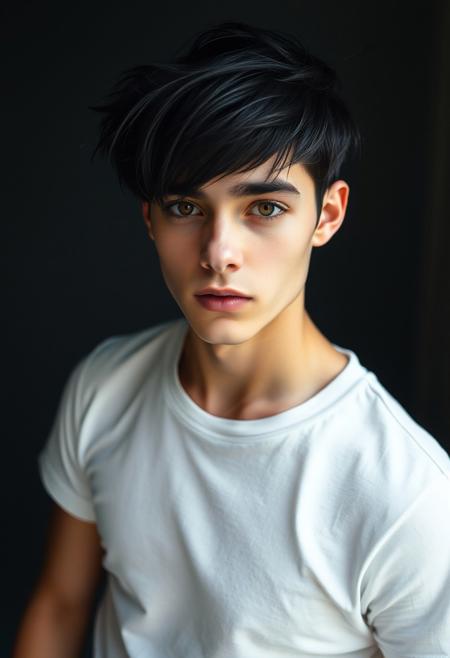 a beautiful 20 years old caucasian androgynous man, pale skin, black hair in medium shaggy cut haircut, brown eyes, thin, body with no visible muscles, natural beautiful face, white t-shirt, black jeans, looking at viewer