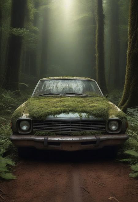 Green_Ruinji, The image is a digital illustration of a mysterious and eerie scene in a forest. The focal point of the image is an old, rusted car that is lying on its side in the middle of the frame. The car is covered in green and yellow leaves, giving it an aged and weathered appearance. The front of the car is completely covered in dirt and debris, with the hood and grille missing. The headlights are turned on, and the car appears to be in a state of disrepair. The background is filled with tall trees and ferns, creating a dense canopy of greenery. A bright light is shining through the trees, casting a warm glow on the scene. A small animal can be seen peeking out from behind the car, adding to the eerie atmosphere. The overall mood of the illustration is eerie and mysterious