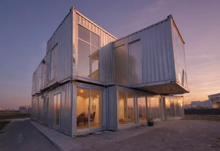 realistic, RAW photo, high quality, Stable_Yogis_PDXL_Positives, <lora:rotated view Style:0.7> rotated view style, Dutch Angle Style, Dutch tilt Style, canted angle Style, oblique angle Style of a huge <lora:JJsCurvyArchitecture_XL:0.3> Curvy Architecture, made of metallic paint, in , <lora:JJsContainerHouse_XL:0.1> Container House vast city with twilight sunrise, in <lora:aidmaMJ61SDXL-v05:0.3> aidmaMJ61SDXL-v05, featuring