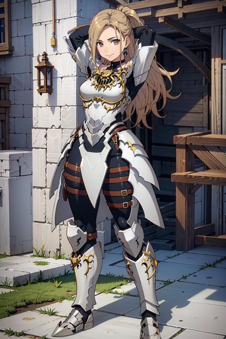 masterpiece, best quality, (colorful), kisara, 1girl, solo, long hair, looking at viewer, smile, gloves, jewelry, closed mouth, standing, full body, earrings, boots, black gloves, armor, arms_up, arms behind head bodysuit, shoulder armor, breastplate, armored boots, greaves, boobplate, white armor, outdoors, sunlight