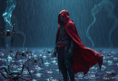 High-definition, lifelike image of a Dunames Dark Witch standing on a jelly-like rain, dressed in a red and black cape and hoodie. The witch, a cosmic entity, has intricate details and is captured in a cinematic shot with a focus on the golden ratio. The image also features mantises and swordfishes in the background, along with a hint of black mold. The concept is set in the metaverse with the man dressed in futuristic attire, inspired by the art of artgerm and greg rutkowski. The image showcases full-body details, with a focus on the concept of
