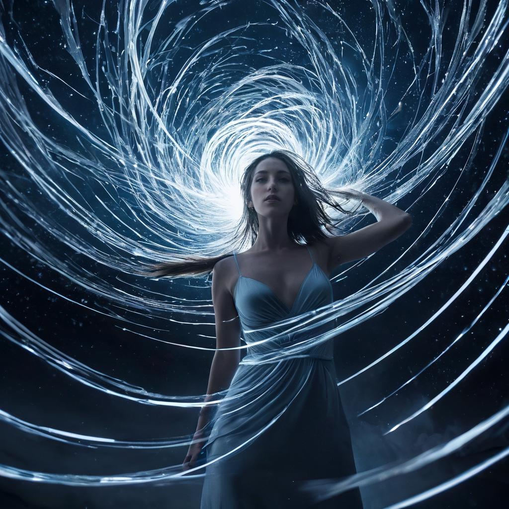 long shot scenic professional photograph of A surreal portrait of a woman whose body is being pulled apart by invisible forces, her skin stretched and distorted into long, glowing strands that twist and coil in mid-air. Her face is frozen in a state of calm, despite the chaotic forces tearing her apart. Her eyes are glowing blue orbs, and her hair is made of long, thin threads of light that spiral outward into the void around her. The background is an abstract, surreal landscape of floating shapes and twisting spirals, each one glowing faintly with a soft, eerie light., perfect viewpoint, highly detailed, wide-angle lens, hyper realistic, with dramatic sky, polarizing filter, natural lighting, vivid colors, everything in sharp focus, HDR, UHD, 64K