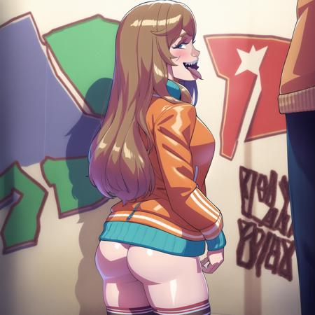 best quality 1girl, ass, long hair, thighhighs, jacket, tongue, blue eyes, tongue out, graffiti, brown hair, naughty face, solo focus, letterman jacket, looking at viewer, multiple boys, prostitution, hands in pockets, looking back, panties, alley, teeth, underwear, smile, buruma,   <lora:TekuhoUltimate_FullBody:0.8>