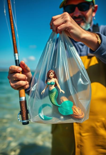 fisherman holds a transparent bag with beauty mermaid inside and a fishing rod. true story! vivid colors, professional photoshoot, 50mm lens
