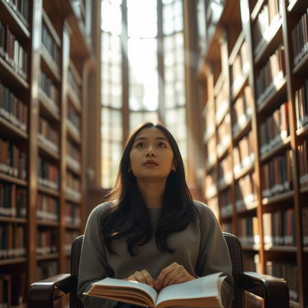 A Southeast Asian woman sits in a quiet library, a book open in her hands. Sunlight streams through the tall windows, casting soft shadows across her face. She gazes off into the distance, lost in thought, as the warm ambiance of the library surrounds her