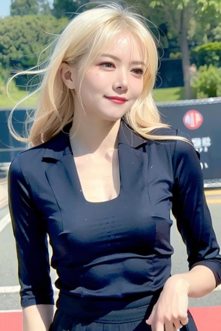 (black skirt:1.3),collarbone,(best quality),(8k, 3d:1.2),(photorealistic:1.4), (film grain:1.3), incredibly absurdres, masterpiece, ((ultra-detailed, ultra skin details)), ((strong rim light)),blonde hair, hair strand, (public:1.5),(outdoors, street), (audience:1.5),(outdoors, blue sky, asian),((slim girl)),seductive smile,((depth of field)), (small breasts), <lora:koreanDollLikeness_v10:0.10> ,(highly detail face: 1.2), [mature female],(shaded face:1.2),(subsurface scattering), sunlight, streets, full-length portrait,  <lora:luoxin-000016:0.80>, close-up, ((wink))