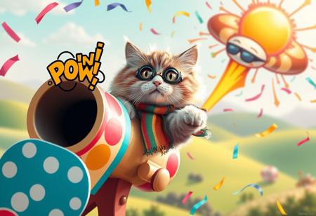 score_9, score_8_up, score_7_up, rei-kun-style, masterpiece, best quality, - **Subject:** Close-up of a cat being hilariously launched from a whimsical cannon  
- **Cat:** A fluffy, wide-eyed feline with its fur hilariously puffed up, mid-flight, wearing a tiny aviator scarf and goggles  
- **Cannon:** A comically oversized, colorful cannon adorned with polka dots and streamers, with a cartoonish "POW!" cloud bursting from the muzzle  
- **Energy:** Sparkling confetti, rainbow-colored streaks, and exaggerated swirls of smoke spiraling outward in a playful explosion  
- **Background:** Lighthearted, blurred cartoon landscape with rolling hills, silly clouds, and a sun wearing sunglasses  
- **Lighting:** Bright and cheerful, with vibrant rainbow hues highlighting the cat and sparkling confetti  
- **Atmosphere:** Whimsical, absurd, and full of slapstick humor  
- **Mood:** Playful, silly, and guaranteed to make you laugh  
- **Style:** Cartoonish with exaggerated expressions, bold outlines, and vibrant, cheerful colors
