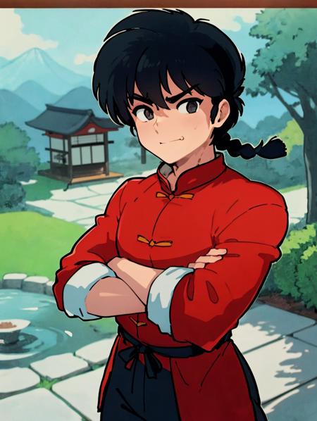 best quality, masterpiece,anime,saotomeranma,1boy, hotwater, standing with a japanese garden in the background,  <lora:ranma_v1:0.8>,(cowboy_shot),red chinese clothes, black pants, posing, big black eyes,happy