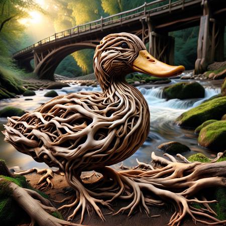 (HD, masterpiece, best quality, hyper detailed, ultra detailed, super realistic),PG-TR,a mystical duck with wild root antler, looking at the viewer near a stream by the bridge, sunset, , PG-TR<lora:challenge\Treeroots_0_90_multi2_Handprocessed_V2-000018.safetensors:1.0:1.0>