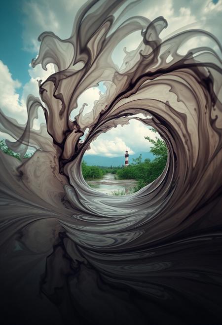 vast lush swampy landscape, lighthouse in the distance, The subject nimbus clouds portal gateway on a lush swampy swamp,  macro of oil and water not mixing is a swirling mass of floating ink that appears as an  at an aperture of f/1.4. The image is artistic and surreal, blending realism with abstraction, capturing movement and energy through its dynamic motion and flowing forms. Abstract shapes, hyperrealistic nature photography of a lush submerged swamp forest medium format kodak gold, eldritch magic, wideangle shot of a forest grove, mountains in the background
