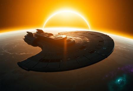 (8k, best quality, masterpiece:1.2), ultra-detailed, Masterpiece, realistic lighting, long-range perspective, maintenance-ring, battle damage starship, beautiful golden lighting as the sun peaks out from behind a planet. its atmosphere creating a beautiful golden crescent shape. some stars should be visible as well as a teal and purple nebula in the distance.