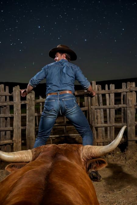 ,natural lighting, 4k, high quality, Fujifilm XT3 ADDCOMM 
a cowboy climbing a big tall fence in a farm at night ADDBASE 
night sky of a farm ADDROW 
the back of a  cowboy, (climbing a big tall fence:1.2) in a farm at night, jeans pants bussy ADDROW 
the point of view from the back of a bull head close-up<lora:HeadPOV_from_behind_vk1-000018:0.85> <lora:bussy_male ass from behind_SDXL:0.3>