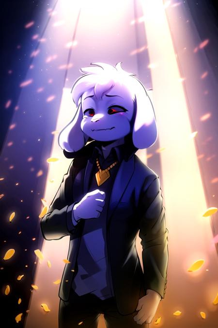 <lora:asriel-40:1>, red eyes, office, closed mouth, serious, closed eyes, glad, office suit, rose