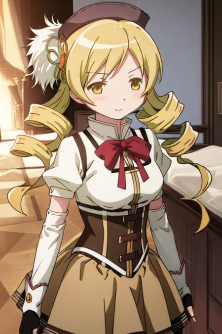 best quality, masterpiece, highres, solo, {tomoe_mami_puellamagimadokamagica:1.15}, blonde_hair, drill_hair, twin_drills, twintails, hair_ornament, yellow_eyes, magical_girl, 1girl, beret, fingerless_gloves, gloves, hat, parody