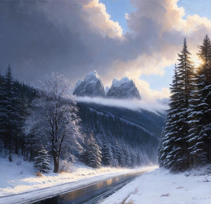 (extremely detailed CG unity 8k wallpaper), full shot photo of the most beautiful artwork of the countryside, snow falling...