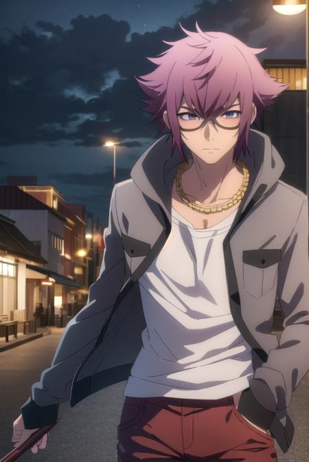 yuuyamirokuji, <lora:yuuya mirokuji s1-lora-nochekaiser:1>,
yuuya mirokuji, purple hair, male focus, sunglasses,
BREAK necklace, chain, jacket, grey jacket, pants, red pants, shirt, white shirt,
BREAK outdoor, city, night, sky, buildings, moon, clouds,
BREAK looking at viewer, (cowboy shot:1.5),
BREAK <lyco:GoodHands-beta2:1>, (masterpiece:1.2), best quality, high resolution, unity 8k wallpaper, (illustration:0.8), (beautiful detailed eyes:1.6), extremely detailed face, perfect lighting, extremely detailed CG, (perfect hands, perfect anatomy),