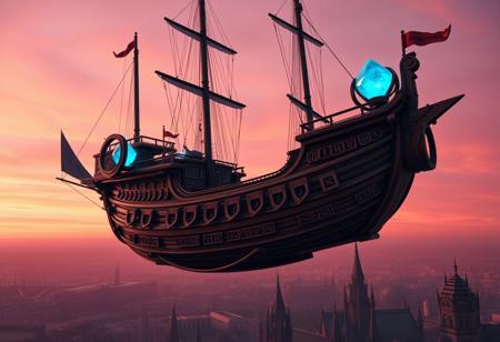 Subject & Setting
An ornate wooden skyship, inspired by Critical Role and The Legend of Vox Machina, soaring high above the city of Emon in Tal’Dorei.
 The hull resembles a grand galleon, supported  by a large brumestone crystal (glowing faint-blue) on each side of the hull . each is mounted within a ring  on an outrigger-type fixture. 
Key Visual Details
vertical and horizontal masts with  sails for stability rather than propulsion.
Intricate runes carved into the ship’s planks, faintly illuminated by arcane energy.
Style & Mood
A fusion of cinematic realism and realistic cg .
Warm sunset colors, with pink-orange sky and soft rim lighting around the vessel.
Epic, adventurous atmosphere—emphasize the sense of wonder in magical flight.
Composition & Perspective
A dramatic three-quarter view from slightly below, showcasing the skyship’s scale.
Emon’s spired skyline visible far beneath, giving depth and grandeur to the scene.
Additional Guidance
Maintain a high-fantasy aesthetic; avoid modern or sci-fi elements.
Keep the focus on the skyship—no random floating islands or excessive clutter.