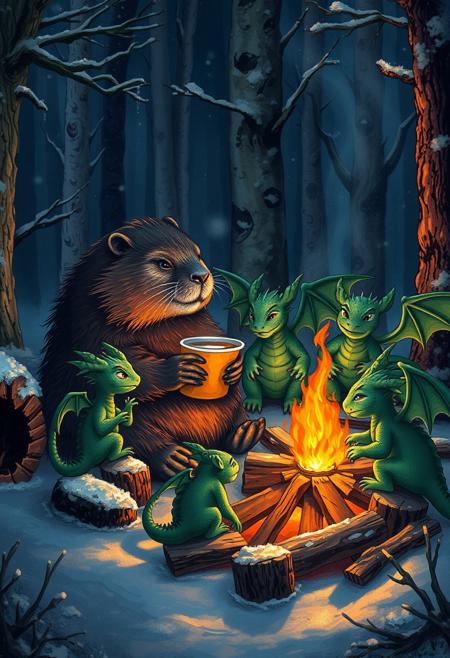 During a dark snowy night a  big beaver sits nearby fallen tree next to  a  big campfire and  eats a sandwich with cheese  and holds a cup of tea, sits among  a group of little green dragons with dark green wings. They read a fairy tales book with details, snow, snowy, winter forest, vivid colors, realistic details like seeing under an electron scanning microscope