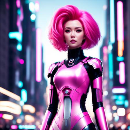 (CyberWoman style:1) pink hair standing in the middle of a city <lora:djzCyberWomanV21:0.8>