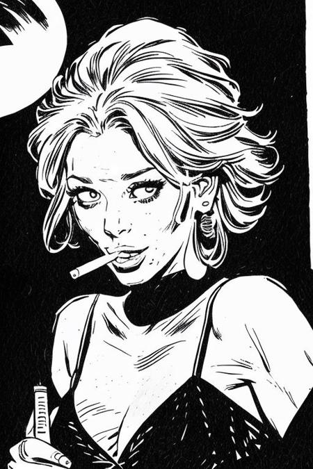 <lora:carlosgimenez:1> gimenez black and white drawing close portrait of a Elsa (from Frozen), extreme intricate detail, sharp image, maximum resolution, strong contrast, horror illustration,, lighting a cigarette in a dark city street, cinematic angle