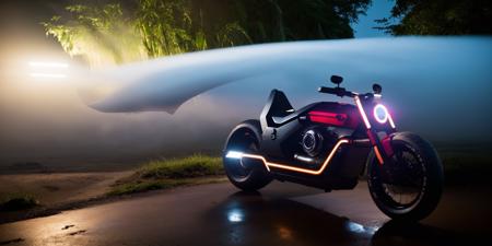 Sci-fi motorcycles,white and blue science fiction ground industrial police car in a lush jungle, science fiction, cinematic lighting, night time, volumetric light, imax, dslr, highly detailed, volumetric fog, dystopian vibes, dutch angle, cinematic angle<lora:Sci-fi motorcycles:0.8>