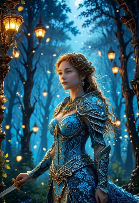 A girl dressed in intricately patterned heavy armor, with an ideal figure and a sweet expression, is featured in this captivating scene. Her hair is the color of azure sky, sparkling like stardust, and her long, chic hair adds to the overall allure. Wielding a large sword that sparkles with ornate patterns, she is part of the "Game of Shadows" world.
The background artfully captures a mysterious forest, with lights illuminating the scene and an ethereal atmosphere of magic and mysticism. The scene is filled with sparkles, shines, and many details that contribute to the excitement and warmth of the night. The wind rustles through the trees, and the moon casts soft light on the girl, further accentuating the enchanting atmosphere.
