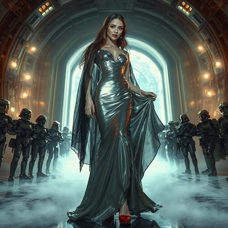 slender arrogant cold femme fatal russian princess wearing  rich  full skirt glossy silver foil  gown, small size opulent glossy red  high heels, ultrathin black transparent slime cloak, jewels, elegant small light saber in her right hand, lifting her skirts with left hand, posing standing, view from below,  evil grin, green eyes, lipstick, giant portal to outer space, fog from the floor, empire spaceship hangar, surrounded by halo odst troopers, TIE spaceships at the background, fashion look, hollywood, vogue makeup, porcelain skin, long haired, ultrathin waisym reminiscent of Lucas, Spielberg styles, with close-up glamour photography and dramatic lighting view from below,