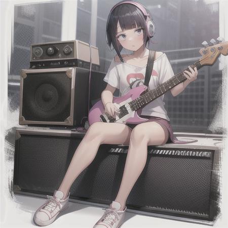 kyoka jiro, 1girl, solo, looking at viewer, blush, short hair, bangs, shirt, black hair, sitting, collarbone, short sleeves, shoes, pants, blunt bangs, star (symbol), torn clothes, headphones, white footwear, t-shirt, instrument, pink shirt, purple shirt, guitar, cable, torn shirt, electric guitar, capri pants, bass guitar, amplifier <lora:KyokaJiroLoRA-10:0.6>